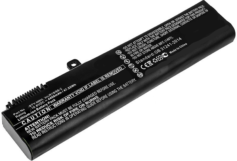 Black laptop battery with a rectangular shape, featuring a caution label, various technical specifications, and a connector on one end, designed as a spare part for laptops.