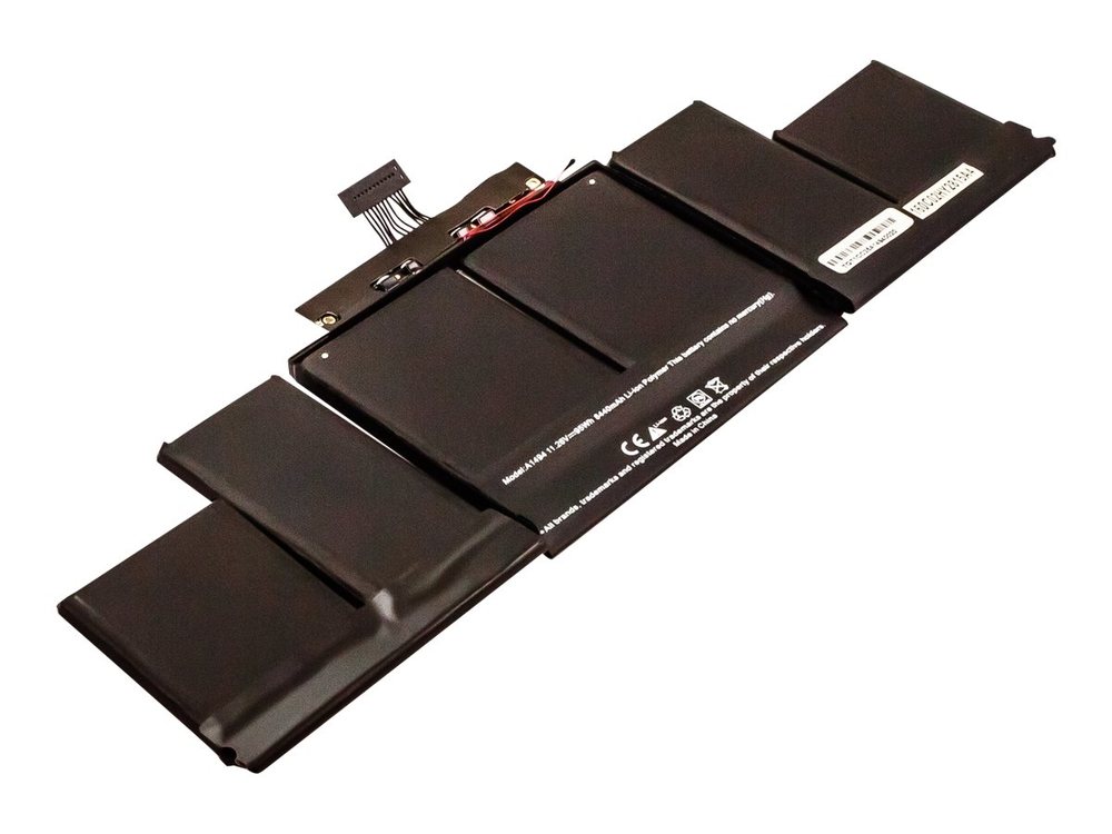 Black laptop spare part battery with multiple cells, featuring a connector cable and printed specifications on the underside.