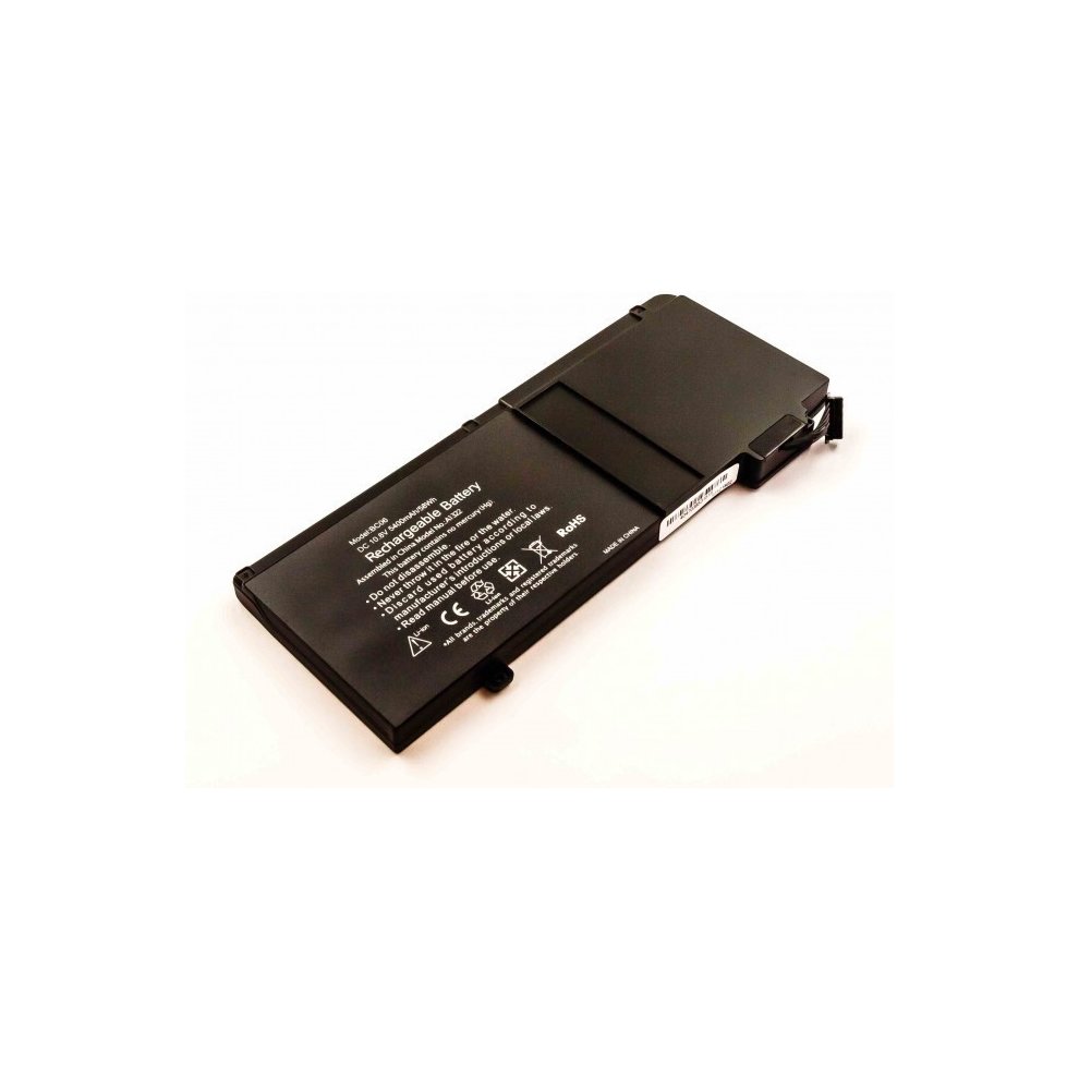 Black laptop battery with a rectangular shape, featuring various labels and symbols, designed for CoreParts MBXAP-BA0059 models, with a connector on one end.