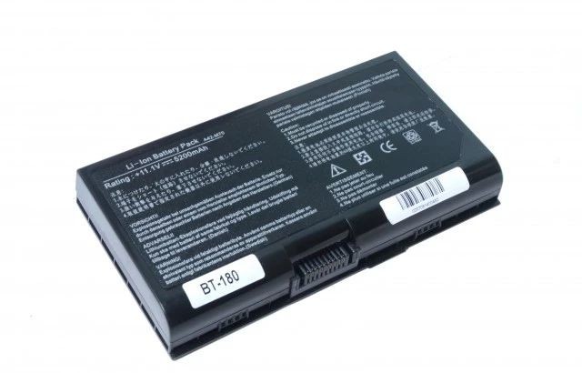 Black lithium-ion battery pack with a sleek design, featuring labels and specifications on one side, and a connector on the opposite side, designed for laptop use.