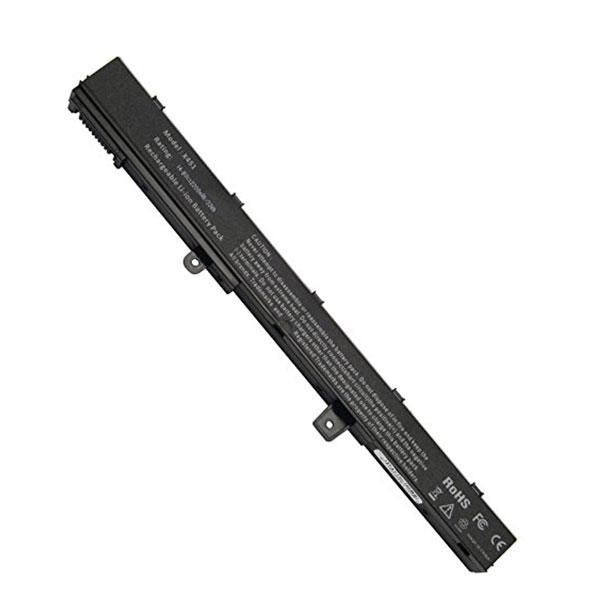 Black laptop battery with a slim design, featuring a label with technical specifications and safety certifications, suitable for various laptop models.