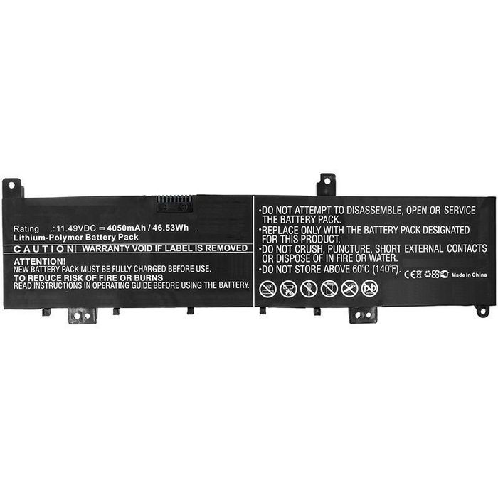 CoreParts MBXAS-BA0200 laptop battery pack, black plastic casing, features technical specifications and caution labels, lithium-polymer, 11.49V, 4050mAh, 46.53Wh.
