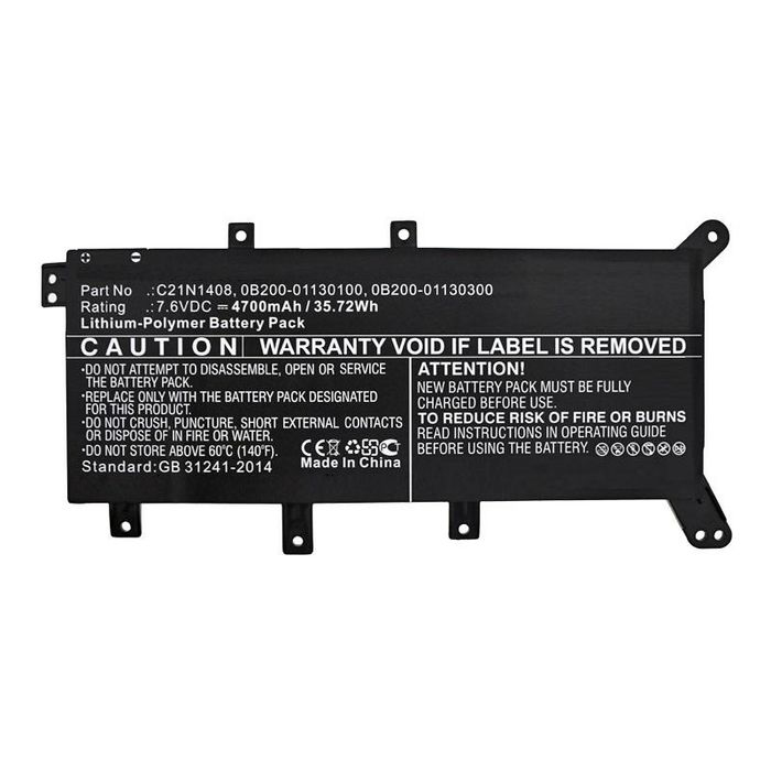 Black lithium-polymer battery pack with caution label, specifications, and part numbers printed in white, designed for laptop use, featuring a 4700mAh capacity and 7.6V output.