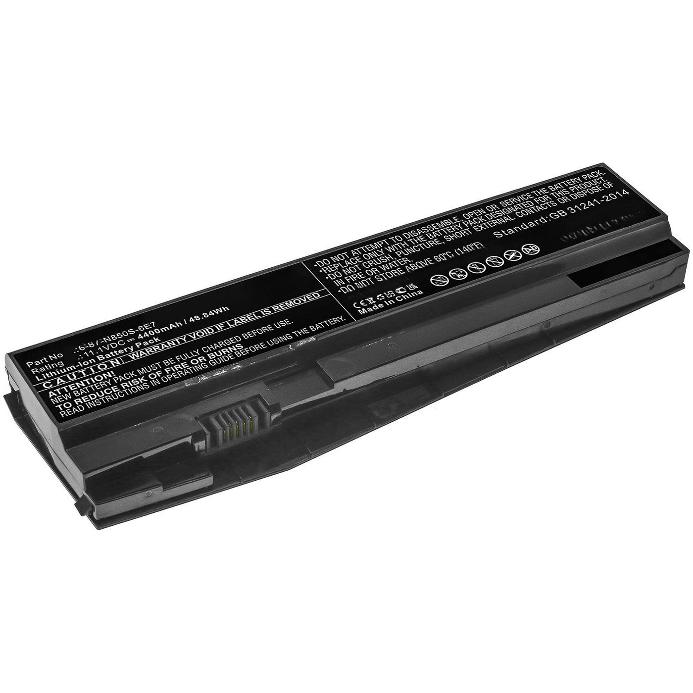 Black laptop battery with a sleek design, featuring a label with specifications and safety instructions, and a connector at one end for easy installation.