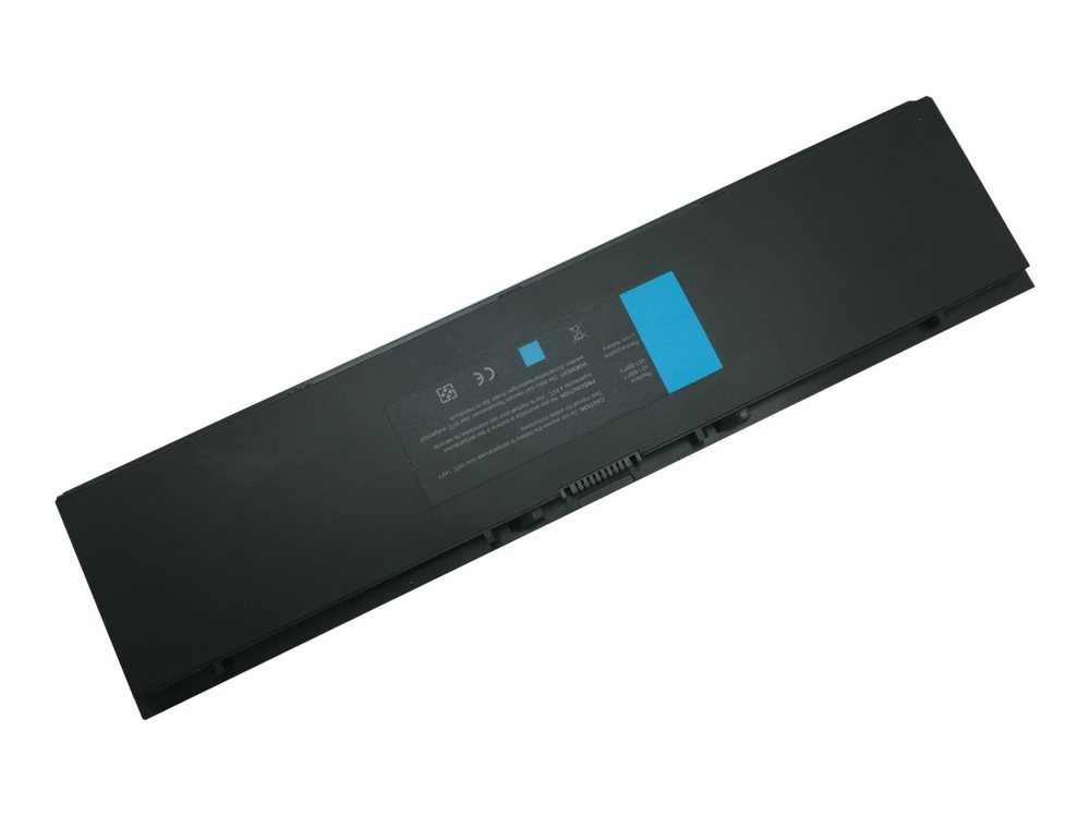 Black laptop battery with a rectangular shape, featuring a blue label and various symbols on the back, designed as a spare part for specific laptop models.