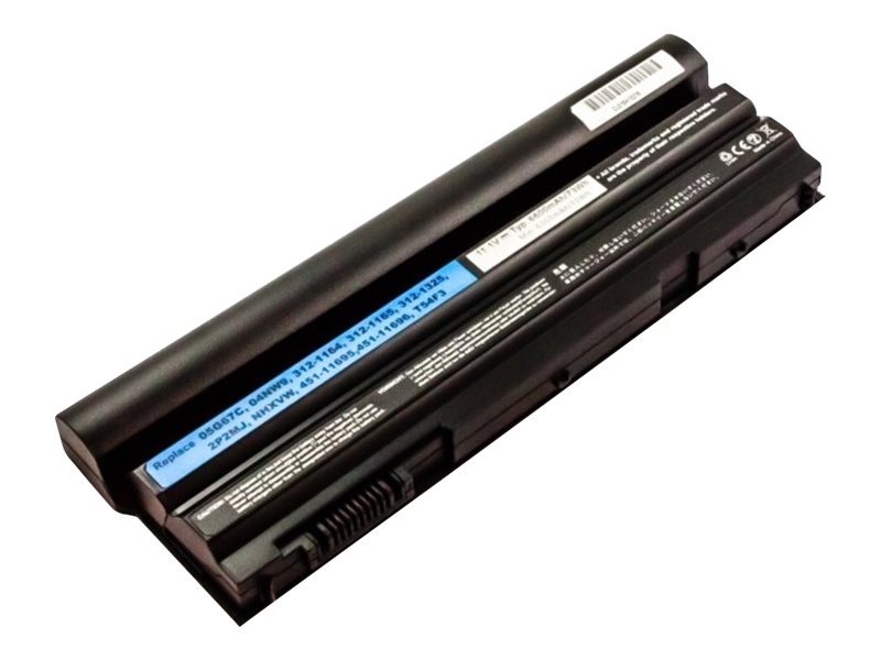 Black laptop battery with a blue label, featuring multiple serial numbers and safety certifications, designed as a spare part for CoreParts laptops.