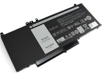 Black laptop battery with a rectangular shape, featuring a gray label and various technical markings, including barcodes and safety icons.