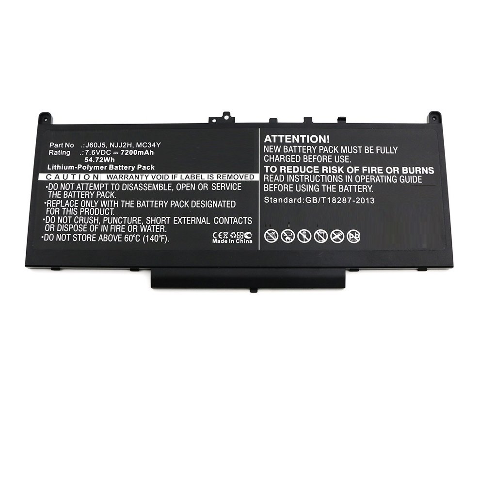 Black lithium-ion laptop battery with specifications printed in white text, including model numbers, voltage, and safety warnings on one side.