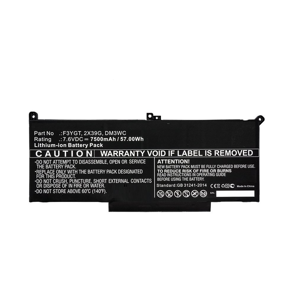 Black lithium-ion laptop battery with a label detailing specifications, including part number F39GT, voltage of 7.6V, and capacity of 7500mAh.