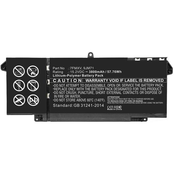 Black lithium-polymer battery with a caution label, featuring specifications including part number, voltage, and capacity, designed for laptop use.