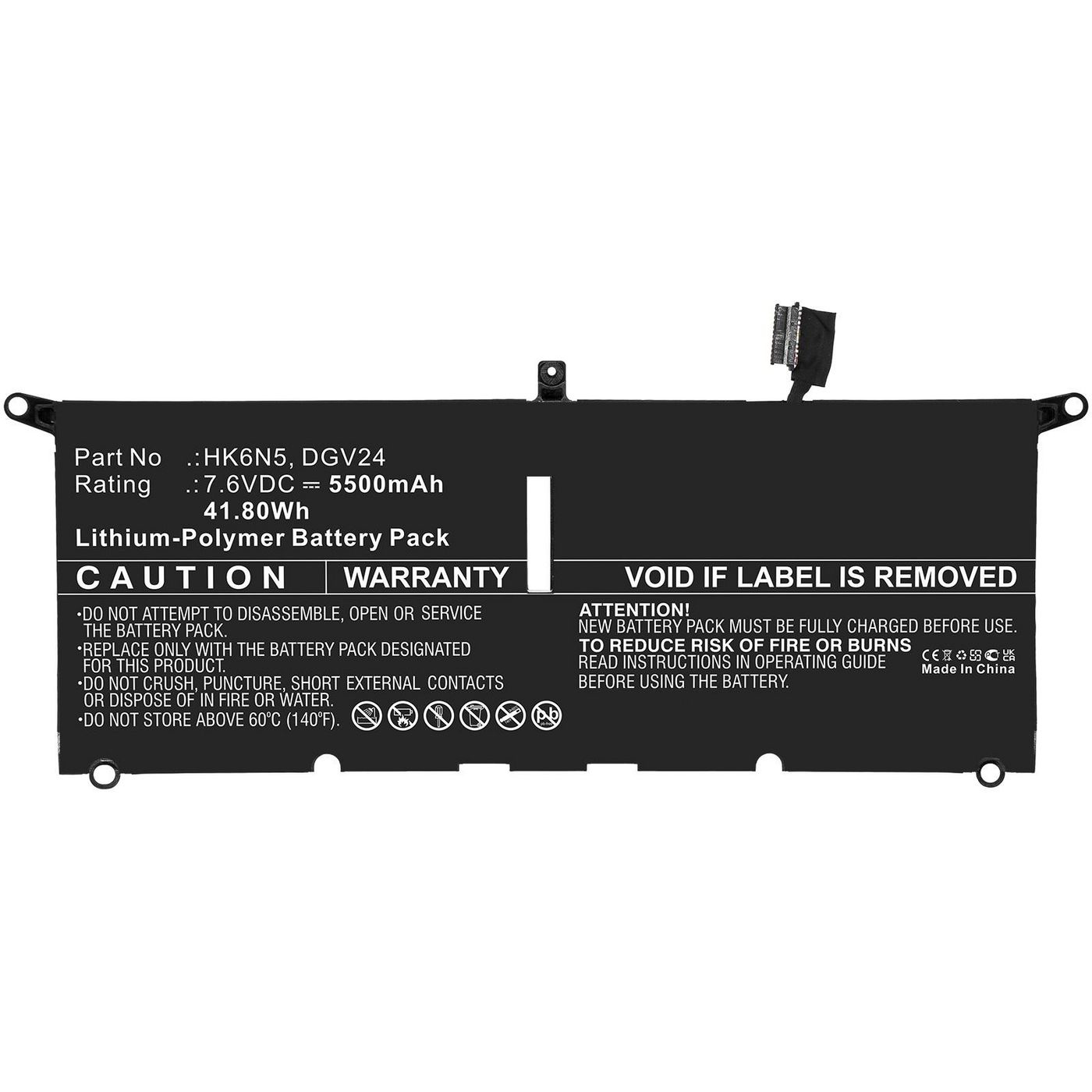 Black lithium-polymer battery pack with a capacity of 5500mAh, featuring a caution label, part numbers HK6N5 and DGV24, and a connector for laptop installation.