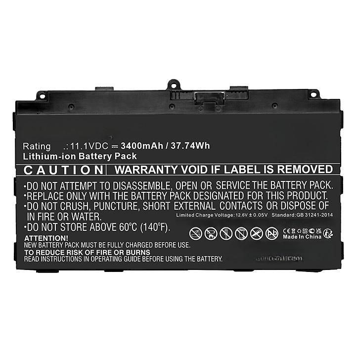 Black lithium-ion battery pack with a rating of 11.1VDC, 3400mAh, and 37.74Wh, featuring caution labels and warning instructions on the surface.