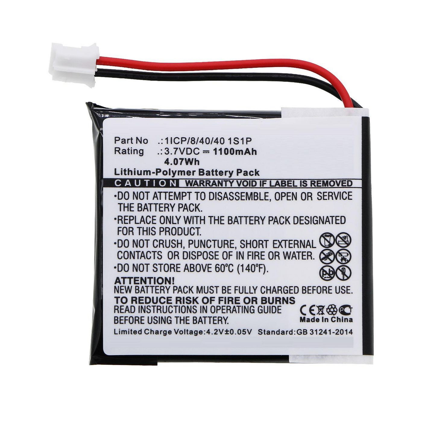 Black lithium-polymer battery pack with red and black wires, labeled with specifications, including 3.7VDC, 1100mAh, and 4.7Wh, designed for the CoreParts MBXGPS-BA045 navigator accessory.