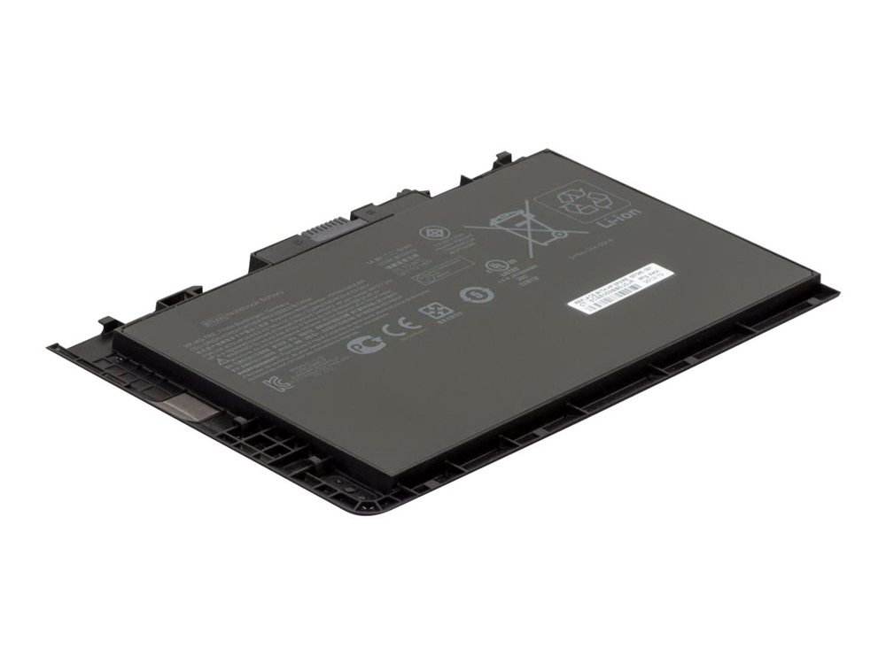 Black laptop battery with a rectangular shape, featuring various certification logos and specifications printed on the surface, designed for CoreParts MBXHP-BA0002 model.
