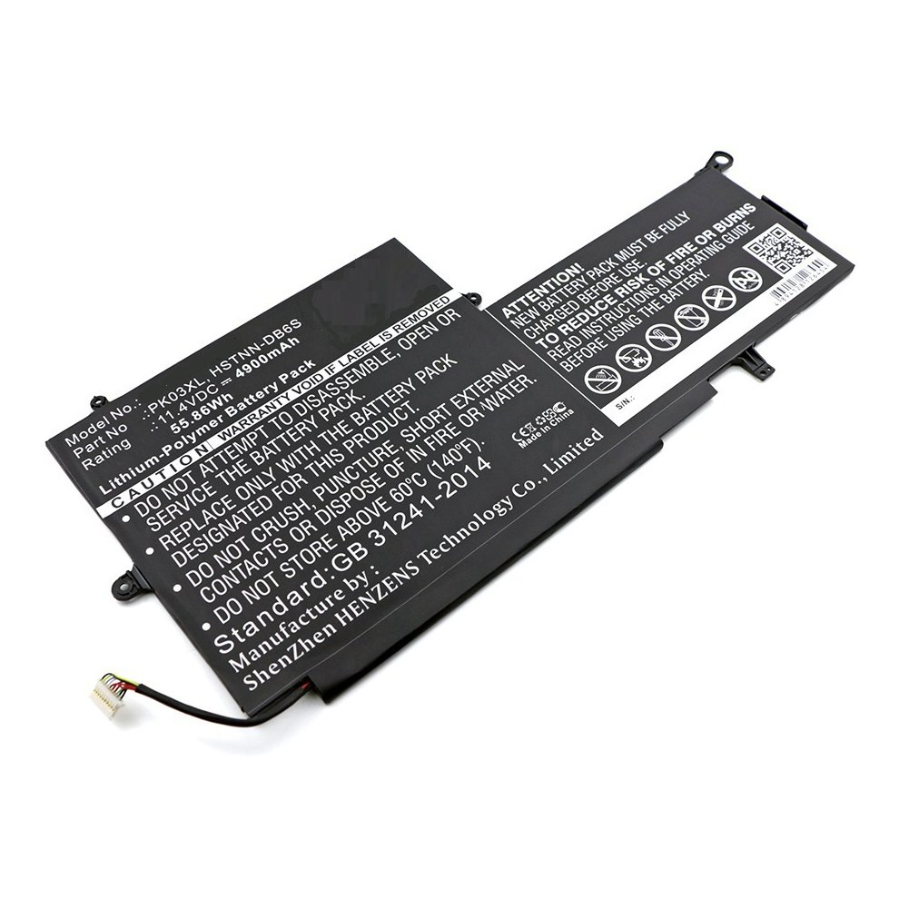 Black lithium-ion laptop battery with printed safety warnings and specifications, featuring a connector on one end and a sleek design for compatibility with various laptops.