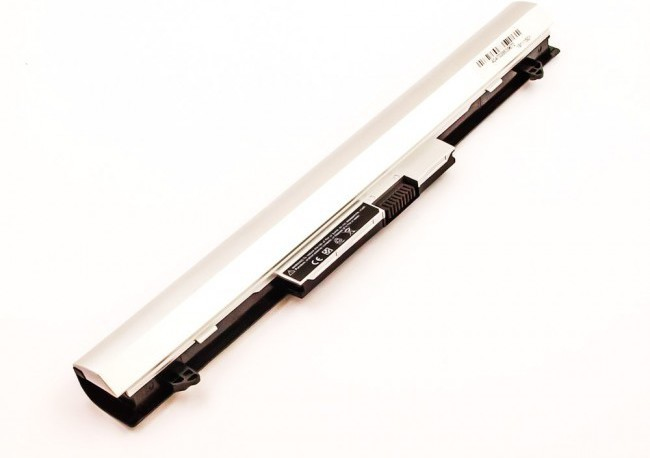 Silver laptop battery with a sleek design, featuring a black connector and printed specifications, suitable for various laptop models.