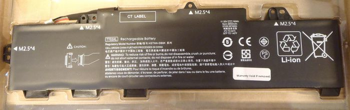 Black rechargeable lithium-ion battery with labels and caution symbols, featuring multiple connectors and a sleek design, suitable for laptop replacement.