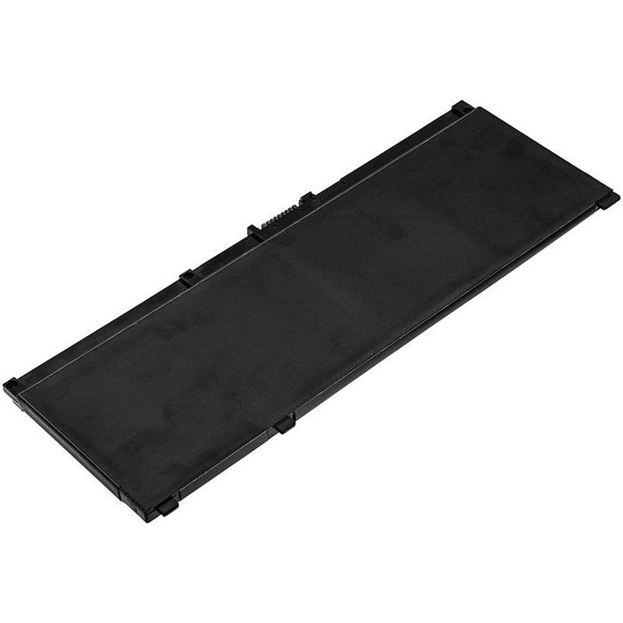 Black rectangular laptop battery with a smooth surface, featuring connection points and a slim design, labeled as CoreParts MBXHP-BA0240.