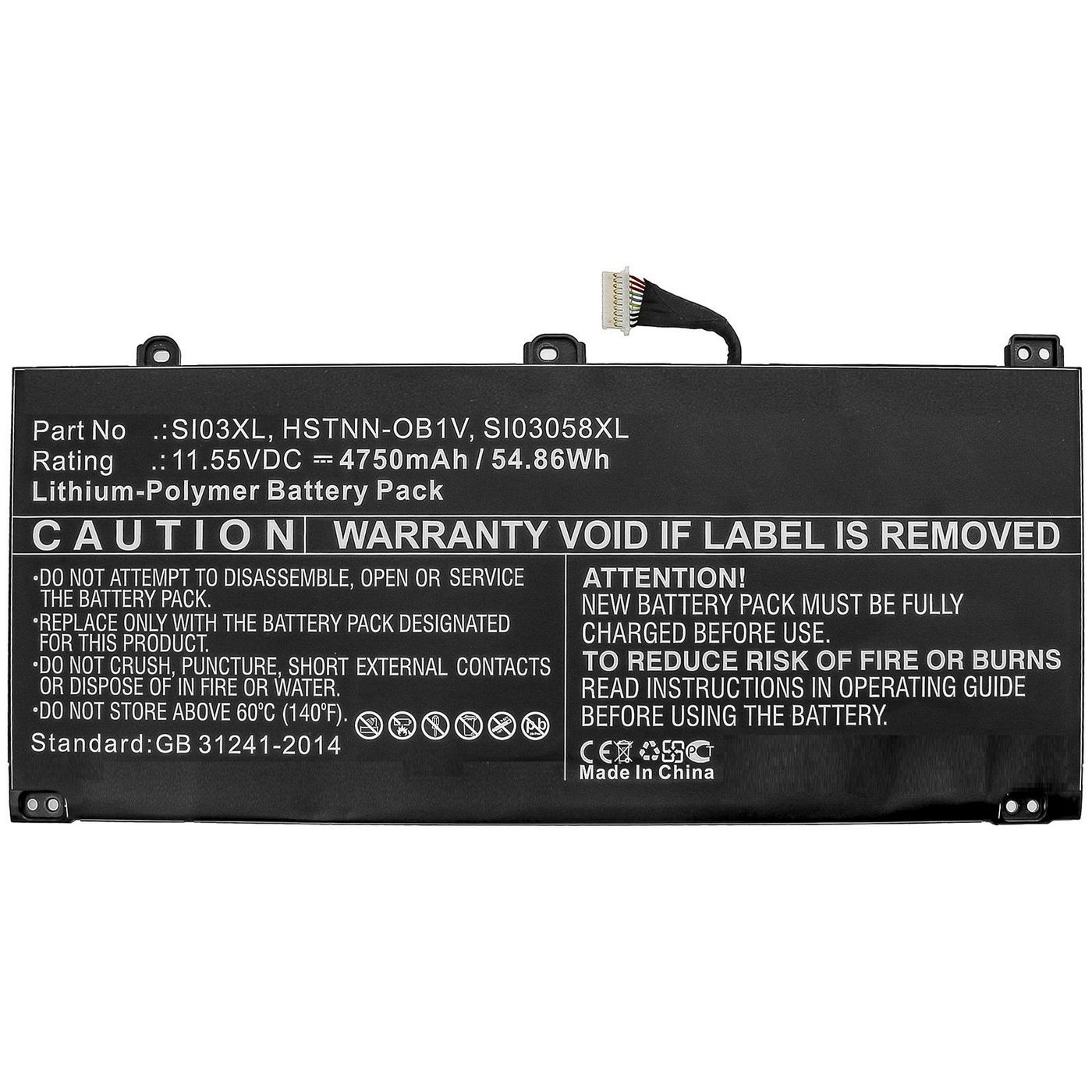Black lithium-polymer battery pack with specifications printed in white text, featuring a connector at one end and warning labels about safety and warranty.