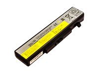 Black laptop battery with a rectangular shape, featuring a yellow label with safety and technical information, and a connector on one end.