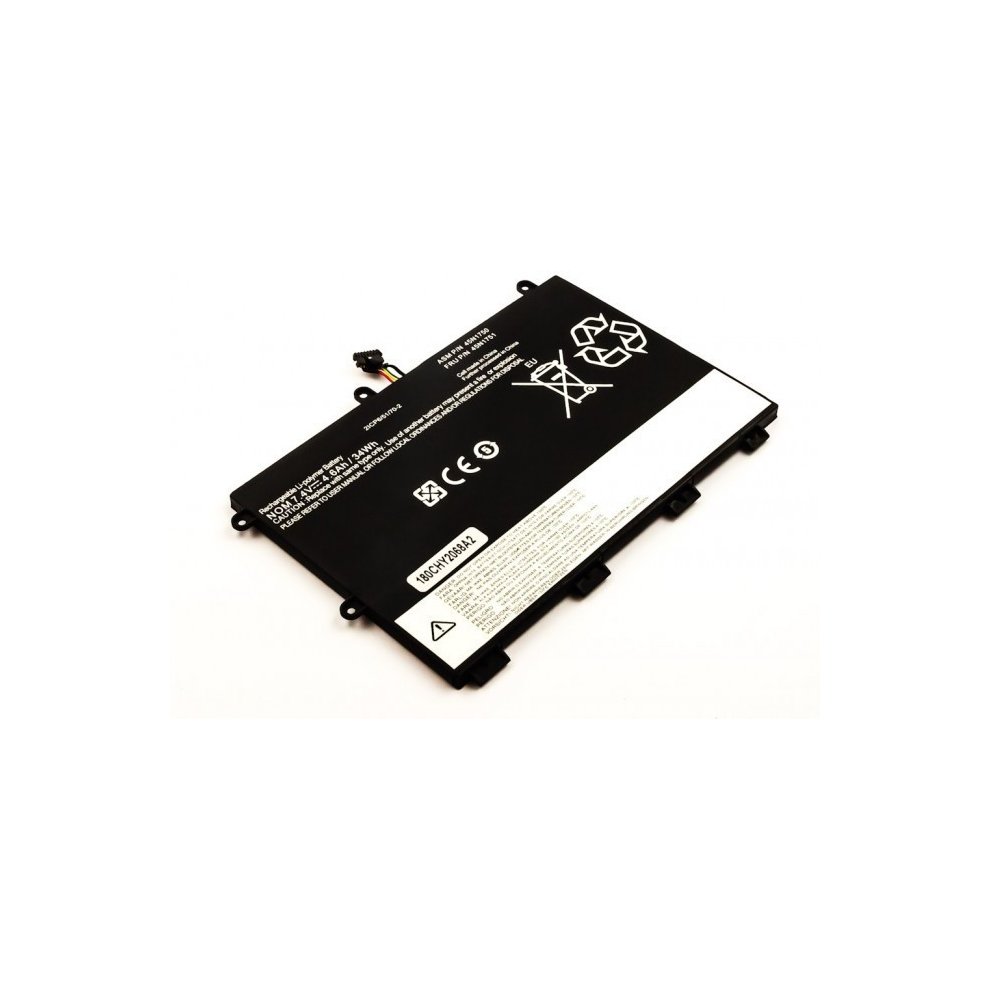 Black laptop battery with a rectangular shape, featuring a white label with safety and certification symbols, and a connector cable on one side.