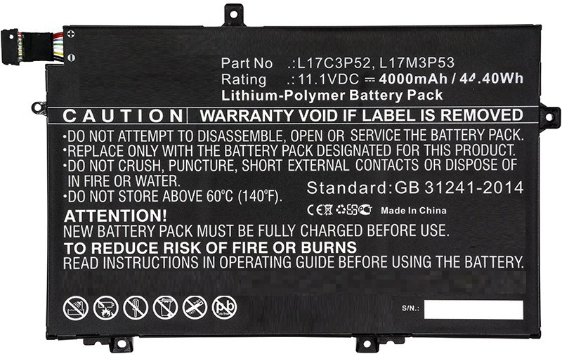 Black lithium-polymer battery with a caution label, part number L17C3P52, rated at 11.1V and 4000mAh, featuring warning instructions and a standard compliance note.