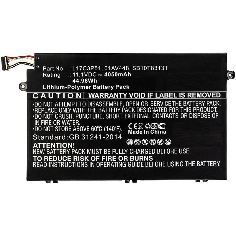 Black lithium-polymer battery pack with white text detailing specifications, warnings, and part number, featuring a connector cable on one side.