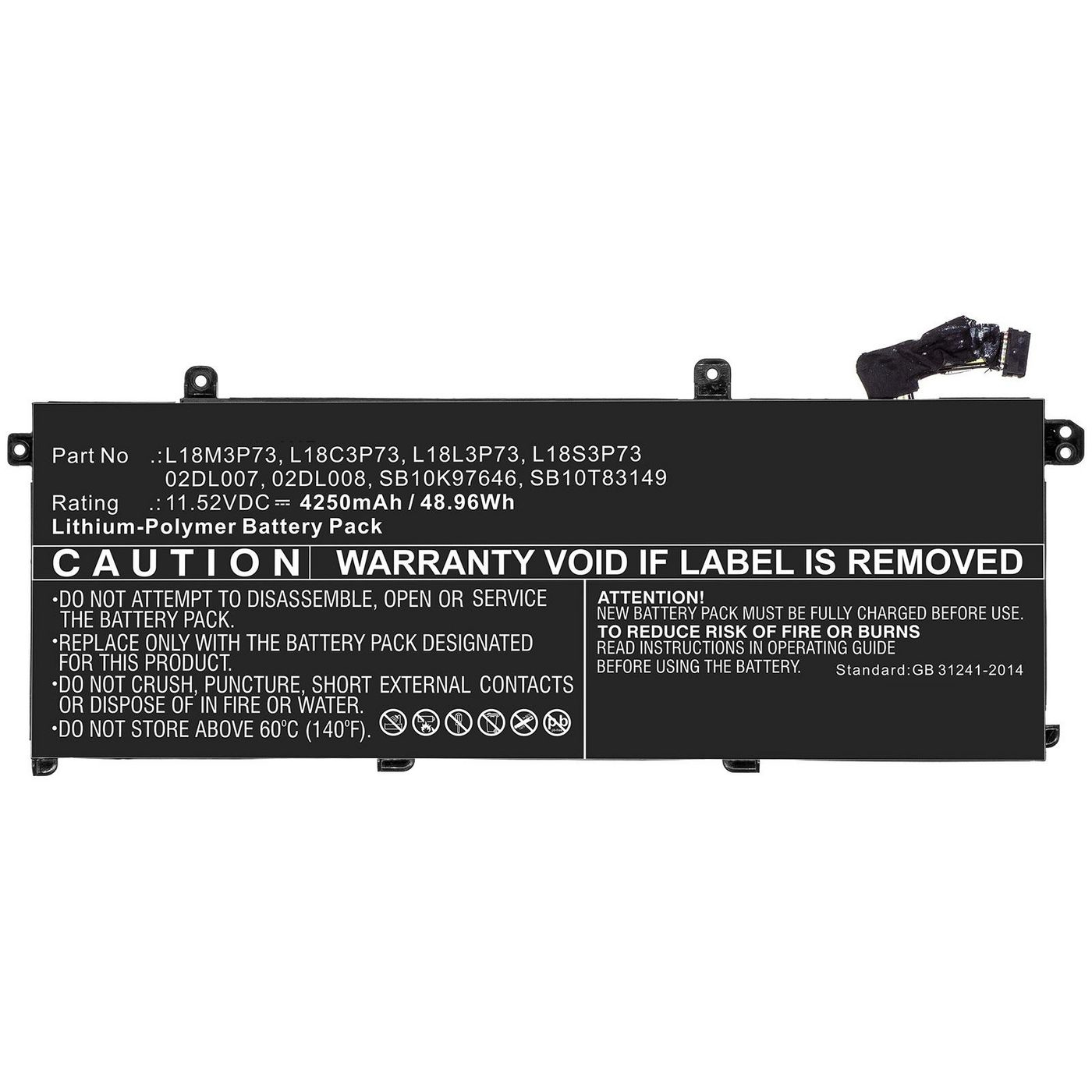 Black lithium-polymer battery with a capacity of 4250mAh, featuring a caution label, part numbers, and a connector for laptop compatibility.