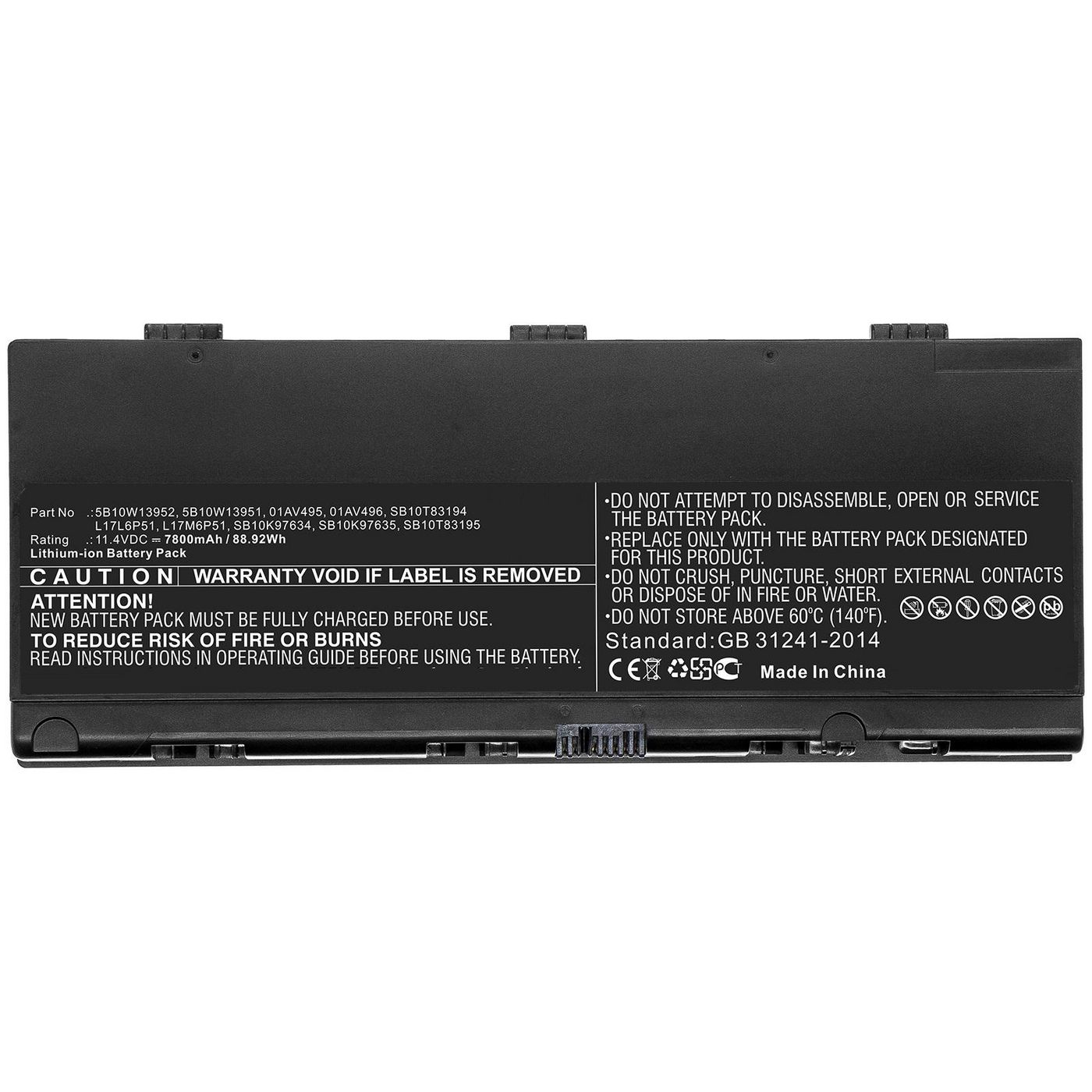 Black laptop battery with a rectangular shape, featuring multiple labels and warnings, including part number and safety instructions, made of durable plastic material.