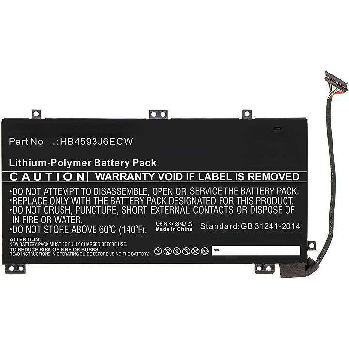 Lithium-polymer battery pack for laptops, featuring a black casing with warning labels and a connector wire, marked with part number HB4593J6ECW.