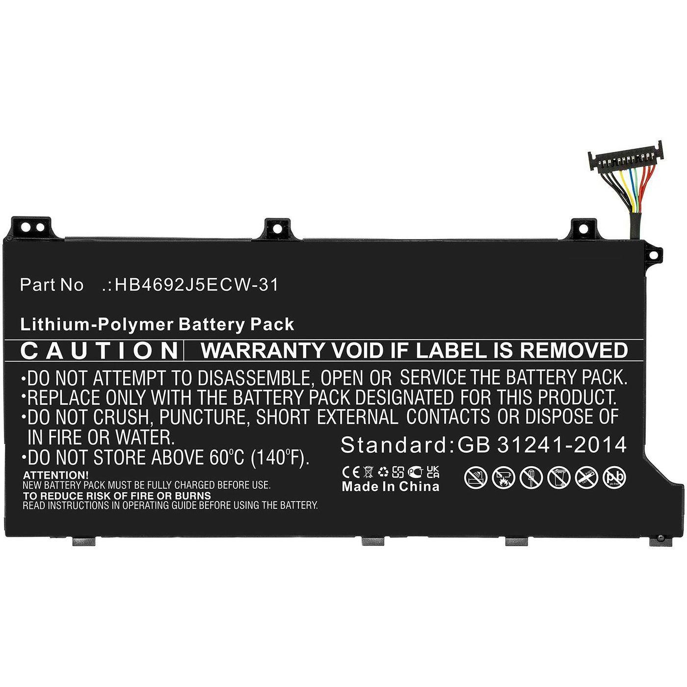 Black lithium-polymer battery pack with detailed warning and specification text, featuring a connector with multiple colored wires on one side.