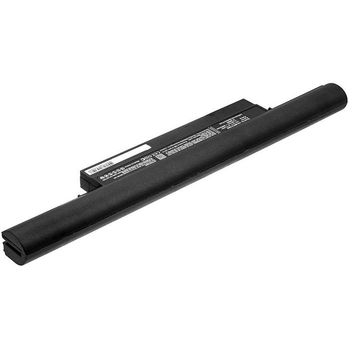Black laptop battery with a sleek, elongated design, featuring a label with specifications and connectors on one end, suitable for CoreParts models.