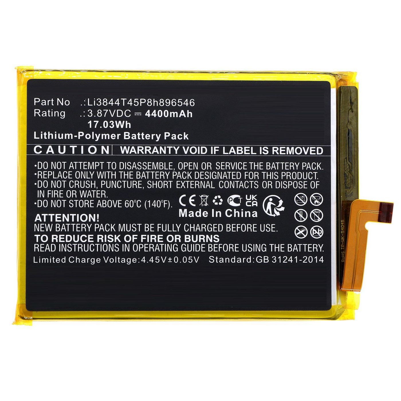 Black lithium-polymer battery pack with a yellow casing, featuring technical specifications and warnings printed on the surface, designed for mobile phone spare parts.