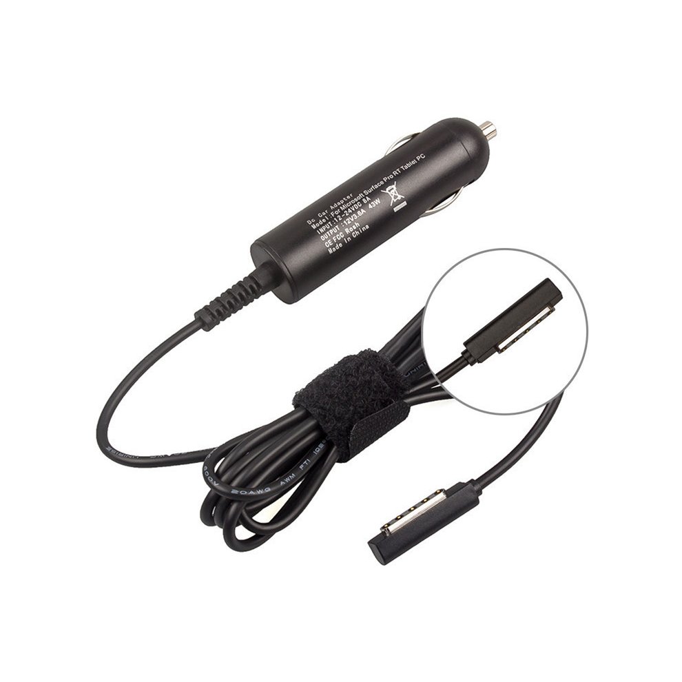 Black mobile device charger with a cigar lighter plug, featuring a flexible cable and a connector for laptop compatibility, designed for on-the-go charging.