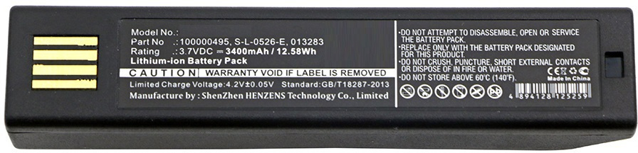Black lithium-ion battery pack with gold connectors, labeled with model number and caution warnings, designed for CoreParts MBXPOS-BA0114 printer/scanner.
