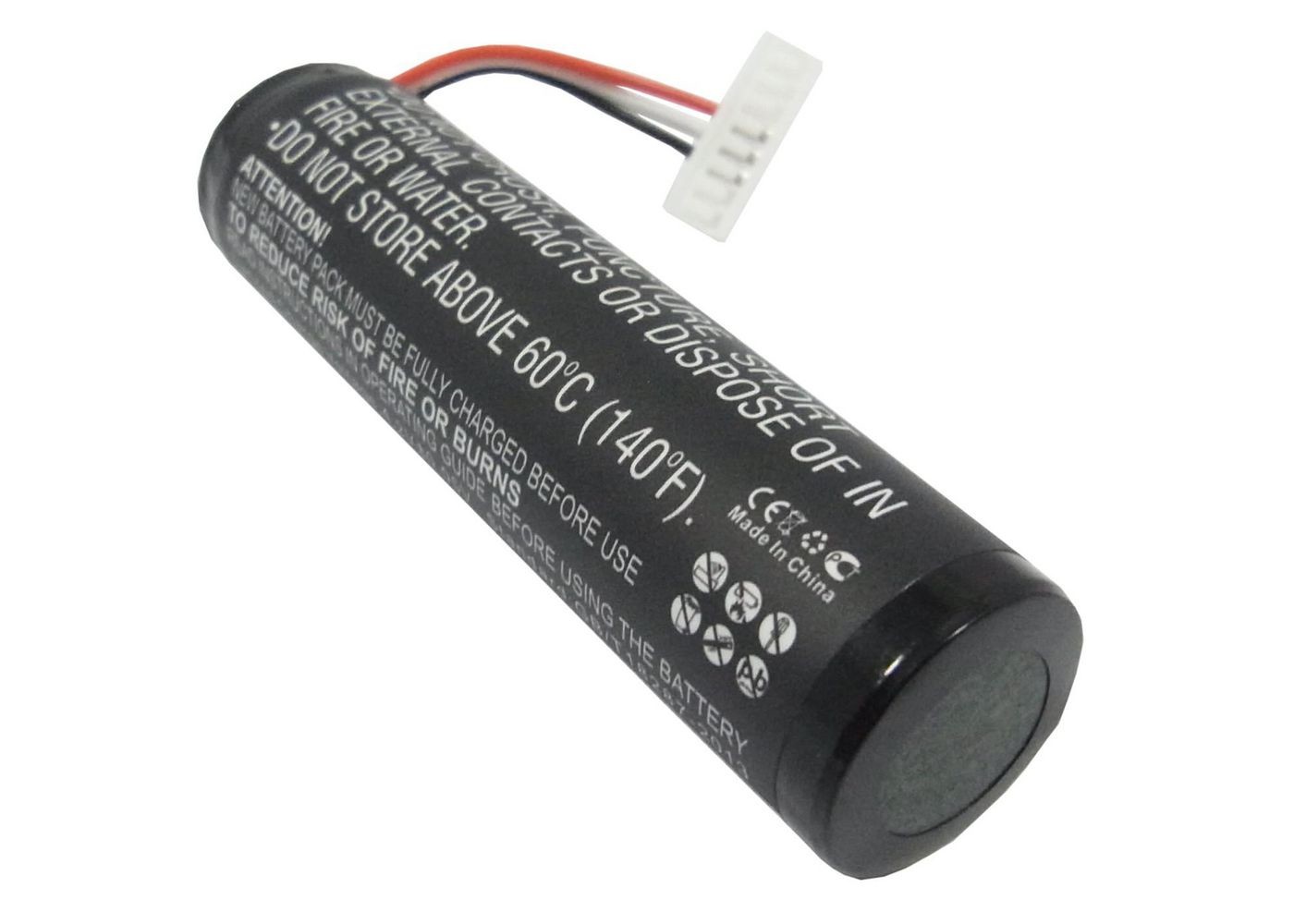 Black cylindrical battery with red and black wires and a white connector, labeled with safety instructions and specifications, designed for CoreParts printer/scanner models.