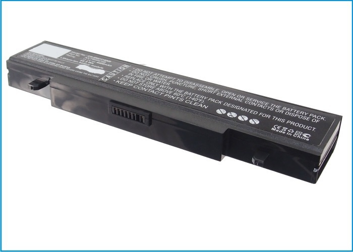 Black laptop battery with a rectangular shape, featuring a label with safety symbols and specifications, and a sliding latch on one side for secure attachment.
