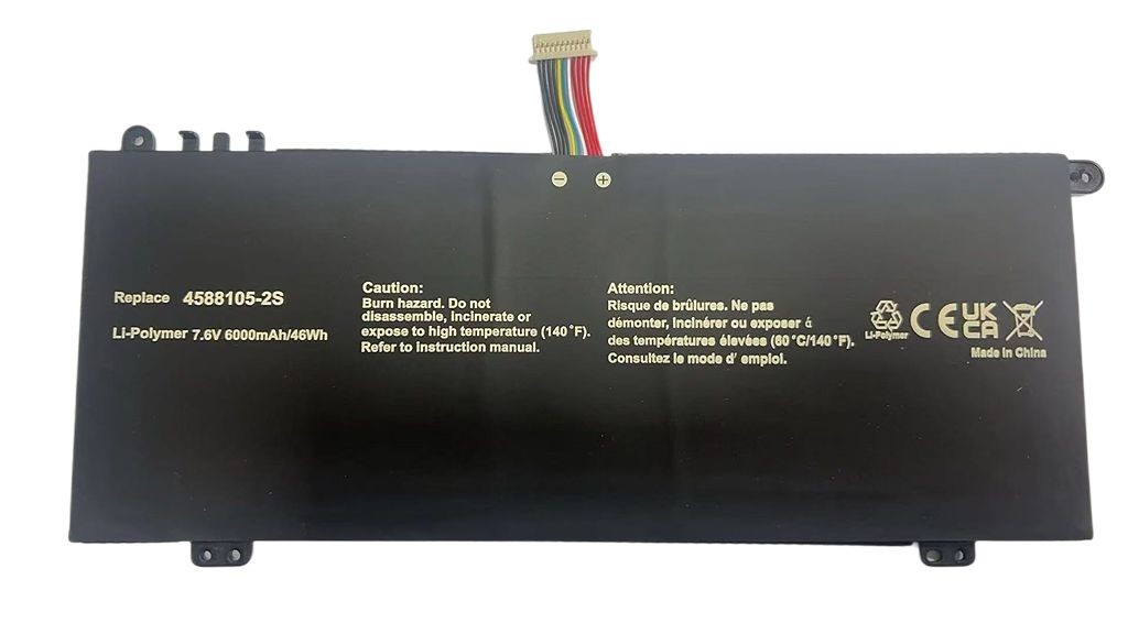 Black lithium-polymer laptop battery with a 7.6V, 6000mAh rating, featuring a connector with multiple wires and safety caution labels on the surface.