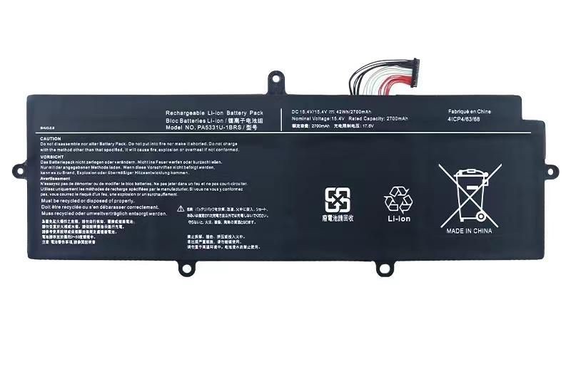 Black lithium-ion laptop battery pack with model number PA3531U-1BRS, featuring a capacity of 2720mAh and multiple wire connectors on one end.