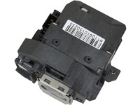 Black projector lamp with a rectangular shape, featuring a metal connector at the base and a barcode label on the side, designed for 200 W projection.