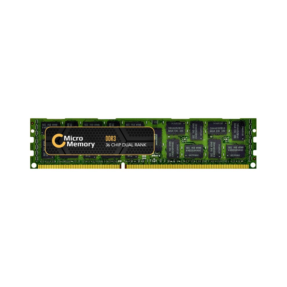 Green printed circuit board with a black and gold label reading "Micro Memory DDR3," featuring 16 GB capacity and 240-pin configuration for ECC memory module.