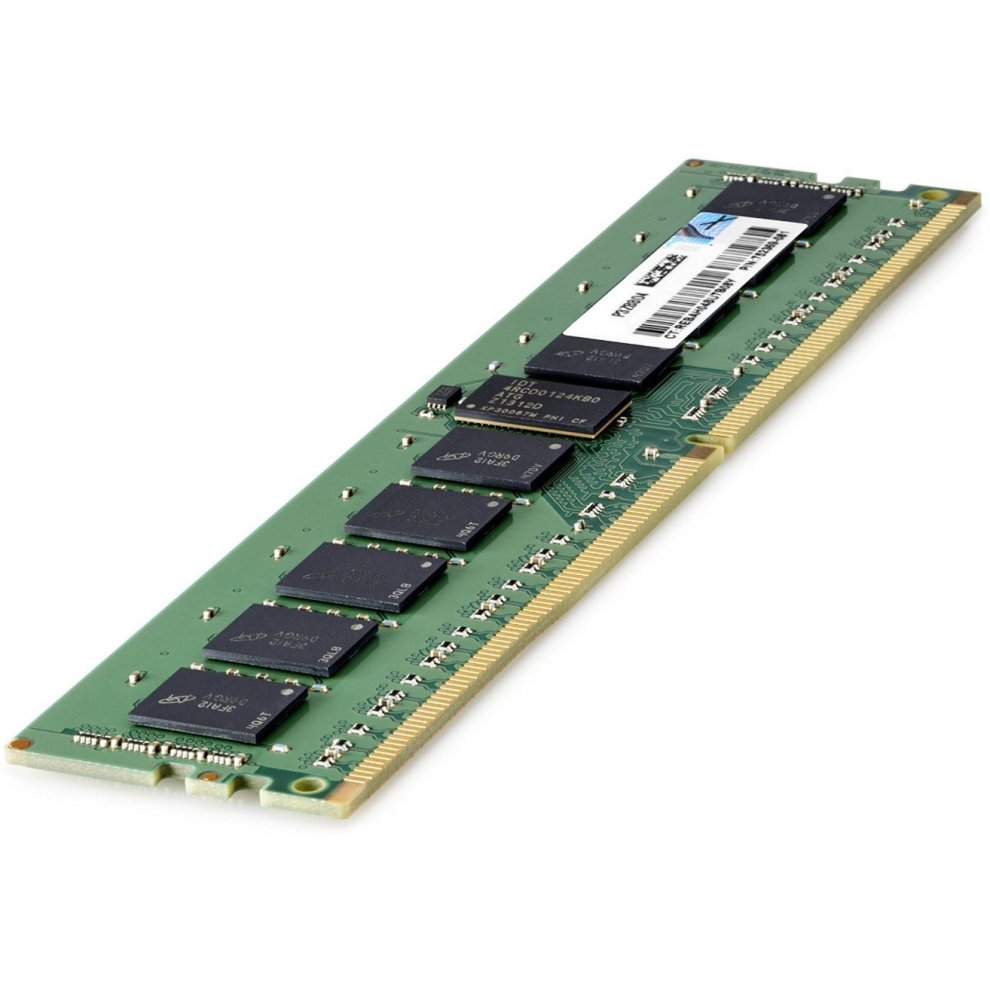 Green circuit board memory module with 16 GB DDR4 capacity, 288-pin DIMM design, featuring several black memory chips and a white label with product information.