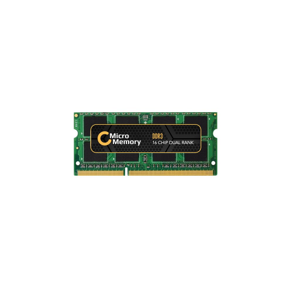 Green circuit board with a black label reading "Micro Memory DDR3 16 Chip Dual Rank," featuring gold connectors and a 204-pin SO-DIMM design for laptop memory upgrade.