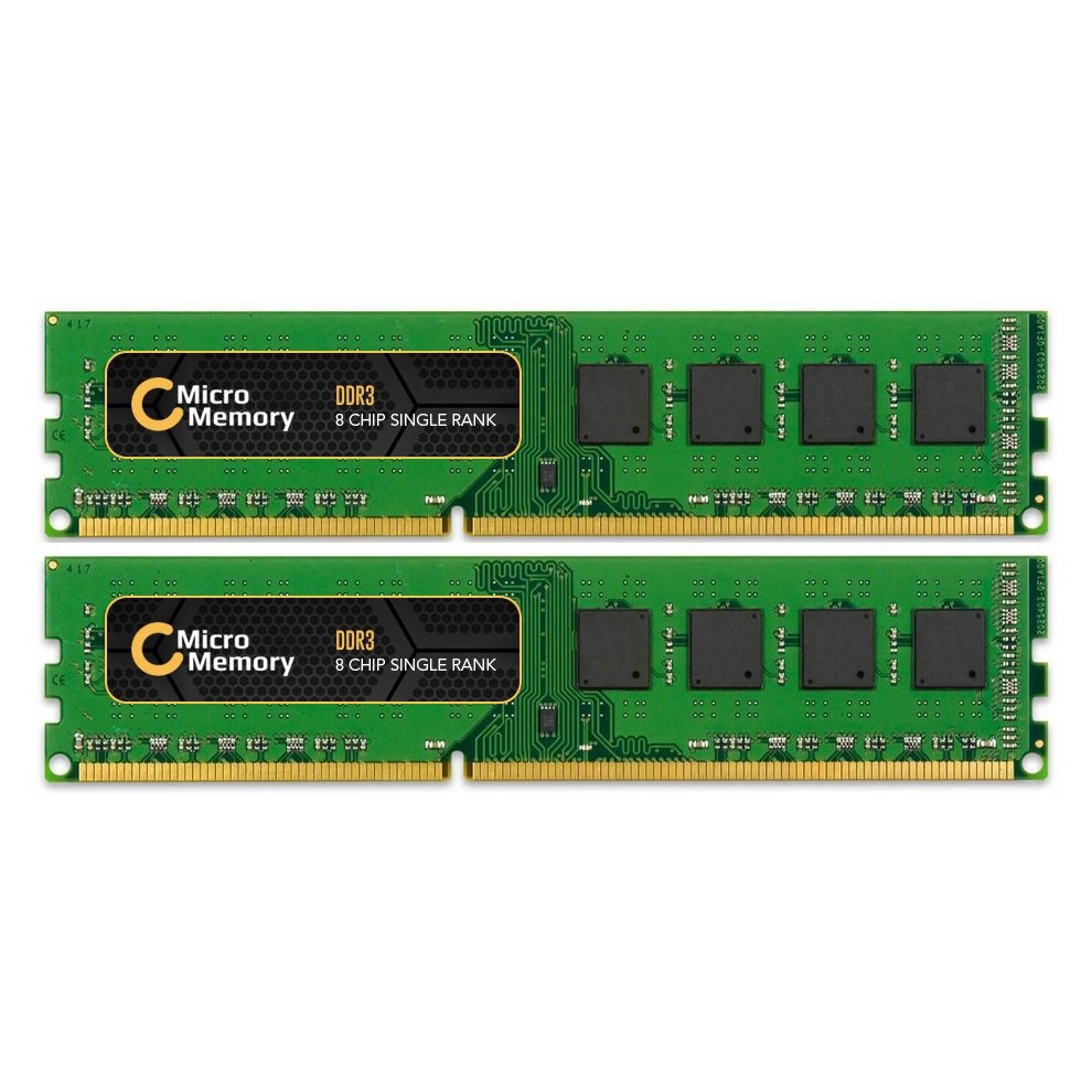 Green circuit board with two 8GB DDR3 memory modules featuring black chips and gold connectors, labeled "Micro Memory" and "DDR3 8 CHIP SINGLE RANK."