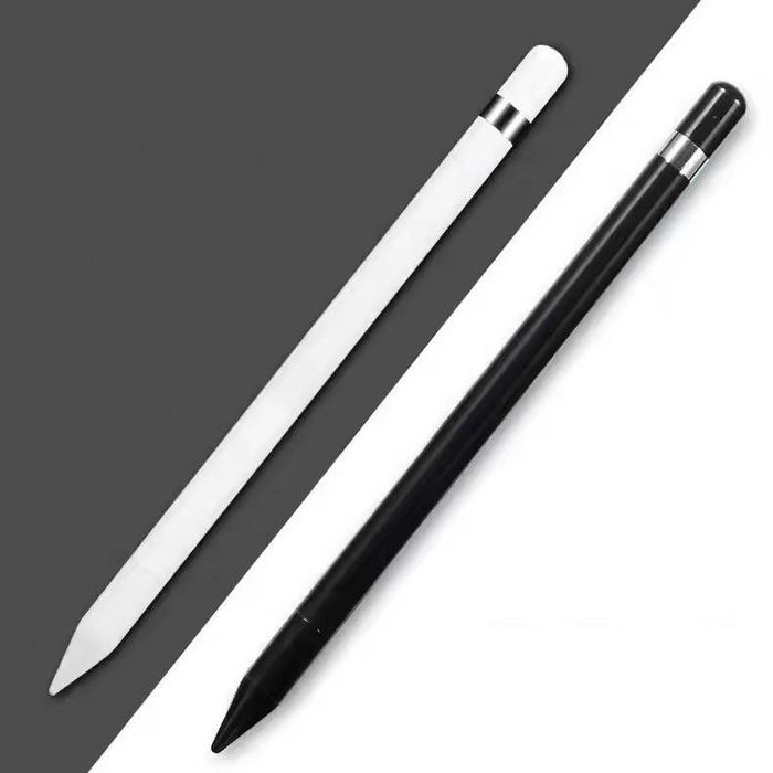 Stylus pen featuring a sleek white body with a silver band and a rounded tip, alongside a black stylus with a similar design, both ideal for touch screens.