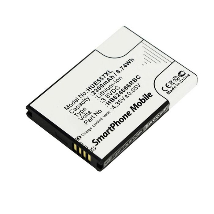 CoreParts MOBX-HU-BAT0036 mobile phone battery in black and grey, featuring a rectangular shape, gold contact points, and printed specifications on a white label.