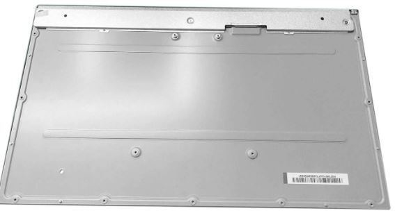 Silver laptop display spare part with a smooth metal finish, featuring mounting holes and a barcode label on the bottom right corner.