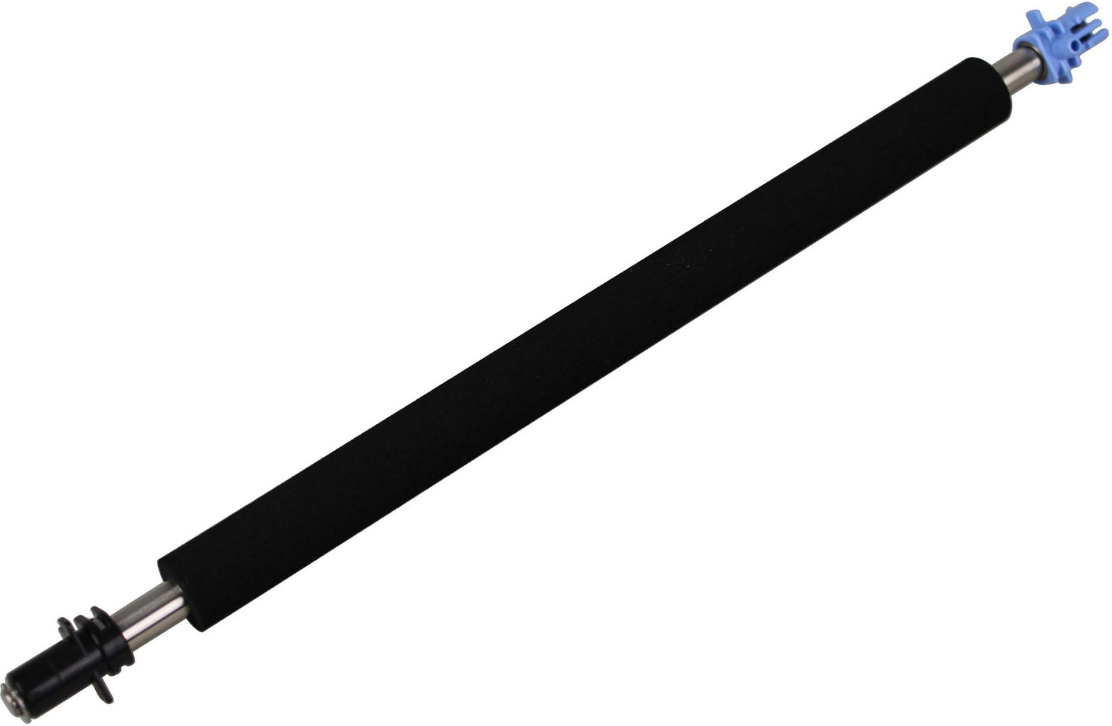 Black rubber printer roller with a metallic core and blue plastic end caps, designed for efficient paper feeding in printers.