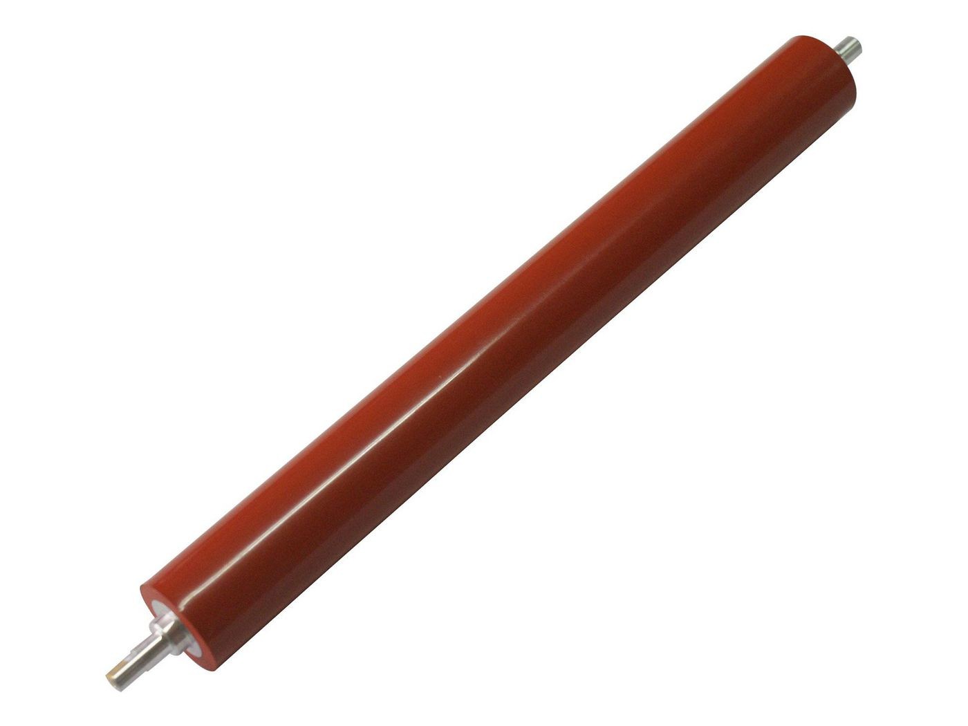 Red printer roller with metallic ends, designed for use in printers, featuring a smooth, cylindrical surface for efficient paper feeding.