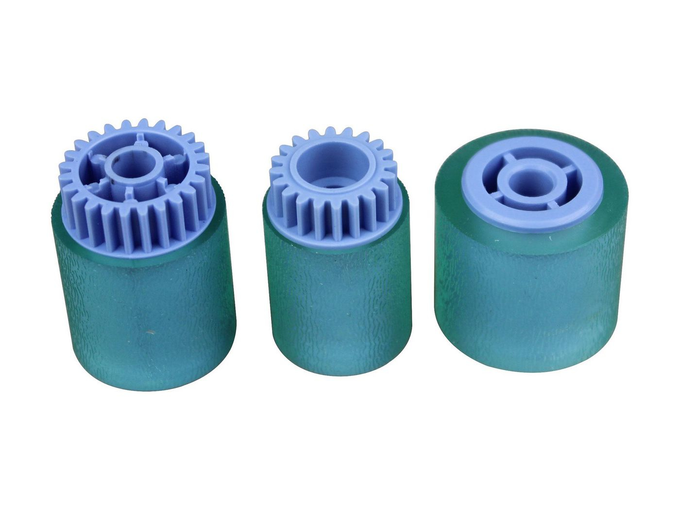 Three printer roller adapters in varying sizes, featuring a translucent green base and a light blue gear-like top, designed for compatibility with CoreParts MSP4700 printers.